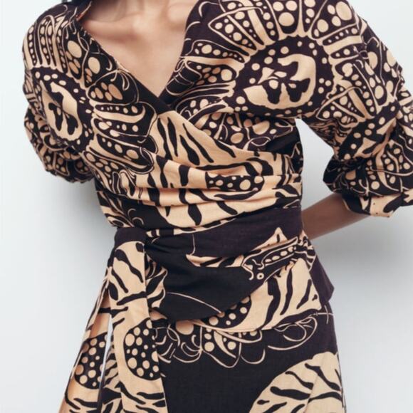 ZARA Printed Linen Blend Wrap Top & Maxi Skirt Ruffles Brown & Cream Size XS - Picture 3 of 11